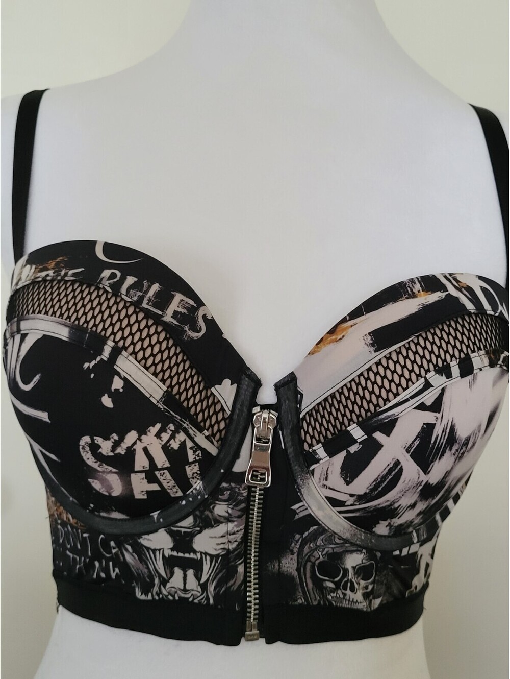 Victora Secret X Balmain Punk Graffiti Print Zip Bustier Bra Sz 36C Goth Glam